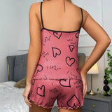 Summer Casual Pajamas Set for Women Sleepwear Red Heart Print Round Neck Ice Silk Top T-Shirt and Shorts Sets Loungewear
