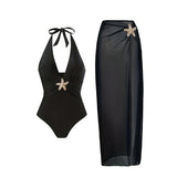 S - XL New With Skirt Deep V Neck Halter One Piece Swimsuit Women Swimwear Female Starfish Padded Bather Bathing Suit Swim V7977