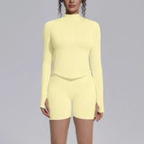 Women's Seamless Yoga Sets Sports Fitness Gym Zipper Long-Sleeve Jacket Hip Lift High-Waist Shorts Suits Workout Training Sets
