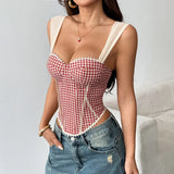 Retro French Jacquard Red Plaid Camisole 2026 Women Sexy Lace Trim Spliced Off Shoulder Chest Wrapped Fishbone Chest Party Tops