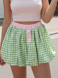 Women's Summer Mini Skirts Elastic Band Bubble Plaid Print Skirt for Daily, Travel, Parties
