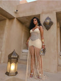 Tassel Hem Splicing Sling Dress Women Sexy Waist Hollow Out Stretch Pleated Bodycon Dresses Female Solid Summer Beach Party Robe