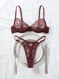 Deep Brown Lace Sexy Deep V Bra And G-string Transparent Hollow Design Women's Underwear Set Costume/Intimate Wear