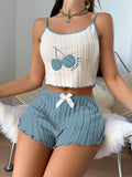 New 2pcs Pajamas Set for Women Casual Simple Ground Wool Halter Vest Shorts Set Home Wear Sleepwear Loungerwear