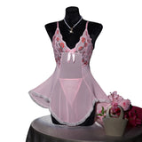 Pink Transparent Ultra Thin Hot Nightgown Women's Pajamas With Thongs Lace Mesh Dress For Sex V-Neck Backless Sexy Lingerie