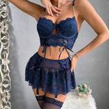 Women's Polka Dot Shoulder Revealing Puffy Skirt Set Sexy Lace Top Skirt Thongs Underwear Suits Mesh Perspective Exotic Sets