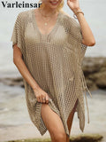 Short Sleeve V Neck Hollow Out Crochet Knitted Tunic Beach Dress Beach Wear Beachwear Beach Cover Up Cover-upsFemale Women V8061