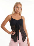 Women’s Spaghetti Strap Tank Tops Summer Sleeveless Tie Split Front Lace Sheer Vest Retro Sexy Corset Streetwear