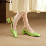 NASBAVI Women's Block Heels Pumps Shoes Elegant Summer Sandals Green Pink Close Toe Slingback Office Wedding Dress Shoes Female