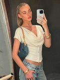 FDYOUI Fashion Casual Swinging Collar T-shirts Y2K Woman Clothes Short Sleeve Buttons Corset T Shirt Ladies Solid Crop Tops Tees
