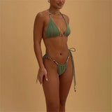 Beads 3Pcs Green Bikini Sexy Women Bandeau Biquini Female Swimsuit Push Up Swimwear Mesh Skirt Bathing Suits Cover Up Beachwear