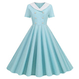 1950s Vintage 50s A-Line Evening Dress Short Sleeves V Neck Button High Waist Dresses Women's Prom Party Midi Dress Vestidos