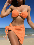 With Sarong Bandeau Strapless Wrinkled Bikini Women Swimwear Female Swimsuit Three-pieces Bikini set Bather Bathing Suit Swim