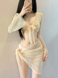 New Korean Push Up Bikinis Sets Solid Beige Long Sleeve Cover Up Mesh Skirt 4 Piece Swimsuit Beach Holiday Bathing Suit Swimwear
