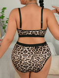 Plus Size Leopard Print Lingerie Set, Ultra-thin Lace Spliced Push-up Full Bust Support Bra