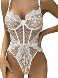 Sexy Lace Trimmed Mesh Splicing Heart Printed Transparent Backless Deep V Suspenders Sleeveless Bodysuits Pure Desire Charm W23J