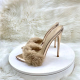 Super High Heels Summer Women Slippers Fur pointed toes Slip On Slides high heels 12cm sexy women sandals 33-4512cm