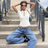 FDYOUI Fashion Stand Collar Lace-up Hollow Out T-shirts Women Chic Short Sleeve Single Breasted Crop Top Folds Solid Tee Shirt