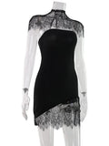 Ahagaga Sexy Women's Mini Dresses Solid Patchwork Lace Slash Sleeveless Sheath Bodycon Sheer Regular Casual Streetwear Vestidos