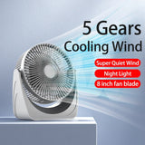 2024 New 360° Adjustable Desktop Fan Air Conditioner USB Portable Fan with 5 Wind Speeds 8 Inch Fan Blade Night Light for Home