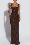 Women's Sequin Maxi Dress Burgundy Square Neck Sleeveless Bodycon Evening Gown Formal Party Prom Cocktail Mermaid Long Dresses
