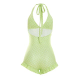 Women Halter Shorts Jumpsuits Summer Polka Dot Print V-Neck Backless Bodysuits Casual Sleeveless Rompers Club Streetwear