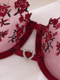 Wine Red Embroidered Floral Lingerie Set - Sexy Bra And G-string Combo with Heart Decoration Underwear Set for Women ZA824026