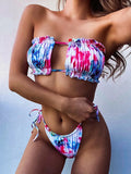 Tie Dye Pleated Ruffled Bikinis Bandeau Bikini Women Swimsuit Female Swimwear Two-pieces Bikini Set Hollow Out Bathing Suit Swim