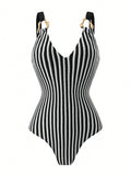 Vintage Black Striped Swimwear Skirts Set Women 2026 Metal Buckle Strap V Neck Slimming Bathing Suit Holiday One Piece Swimsuit