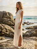 Women's Solid Color Knit Sheer Dress Summer Swim Cover Up Cap Sleeve Round Neck Sequin Dresses for Beach
