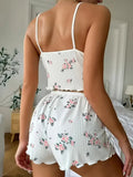 Women Summer Sleepwear Fashion Floral Print V Neck Cami Top and Lettuce Trim Shorts Pajama Set Loungewear Home Wear