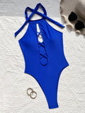 sexy front cross hollow swimsuit one piece solid halter tie bikinis thong swimwear bodysuits women biquini bathing suits 7 color