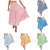 2026 Summer Vintage Checkered Maxi Skirt Women High Waisted Elastic Plaid Ruffle Long Skirts Retro Sweet Cake A  Line Skirts