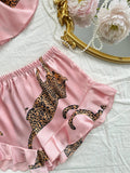 Summer 2-pieces Pink Leopard Printed Pajamas Set for Women Sexy Ice Silk Stain Sleepwear Casual Crop Tops and Shorts Lounge