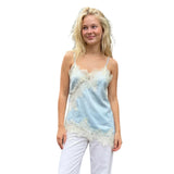 Women Solid Color Lace Trim Satin Camisole V Neck Spaghetti Strap Backless Asymmetrical Tops Trendy Summer Streetwear
