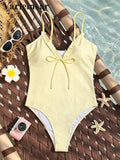 S - XL Striped Plaid V Neck Women Swimwear One Piece Swimsuit Female Frilled High Leg Cut Padded Bather Bathing Suit Swim V8288
