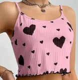 Heart Print Ribbed Frill Trim Pajama Set, Cute Bow Notched Neck Cross Strappy Backless Crop Cami Top & Elastic Shorts, Women's