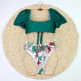 2026 Sexy Bikini Women Push Up Swimwear Swimsuit Leaf Sunflower Print High Waist Bowknot Bubble Sleeves Bikinis Set Bathing Suit