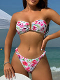 Sexy Flowers Printed V Shaped Bandeau Bikini Women Swimwear Female Swimsuit Two-pieces Bikini set Bather Bathing Suit Swim Lady