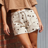 Women's Summer Denim Shorts with Pockets Casual Stylish Dot Print Mid Rise Tie-up Belted Wide Leg Jean Shorts
