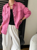 Women White Linen Blend Button Down Shirt Turn Down Collar Chest Pocket Loose Fit Blouse For Summer And Vacation Outfit KY7U