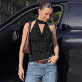 FDYOUI Women's Chic Polka Dot Tanks Top 2026 Summer Off Shoulder Lace Patchwork Corset Bandage Backless Crop Tops Streetwear