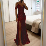 Women Evening Dress Off Shoulder V Neck Side Slit Floor Length Sequin Ball Gown Sleeveless Prom Wedding Party Banquet Maxi Dress