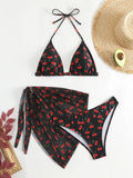 Women French Chic Cherry Print Bikini Sets Three Pieces with Mesh Skirt Swimsuit Swimwear Bathing Suit Beach Outfits Biquini