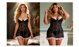 Black Sexy Lace Ruffled Suspender Babydoll Nightdress for Women Push Up Chemise Sleepwear Lingerie