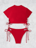 2026 New 2 Piece Swimsuit for Women Solid Color Sexy Drawstring Short Sleeve Bikini Set Beach Vacation Bathing Suit Swimwear