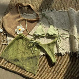 With Fishnet Sarong Skirt Halter Micro Bikini Women Swimwear Female Swimsuit Three-pieces Bikini Set Bathing Suit Swim Beachwear