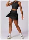 Outdoor Breathable Golf Wear Tennis Sport Sets Women Turn Down Collar Sleeveless Top Short 2 in 1 Skirt Running Fitness Set