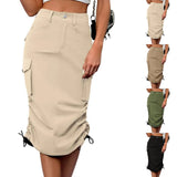 Womens Cargo Midi Skirt High Waist Multi Pocket Pencil Skirt Side Drawstring Ruched Split Hem Bodycon Summer Skirts Streetwear