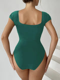2026 Short Sleeve Swimsuit Women One Piece Solid Swimwear Female Zipper Bathers Bathing Swimming Suit Summer Beachwear Bodysuit